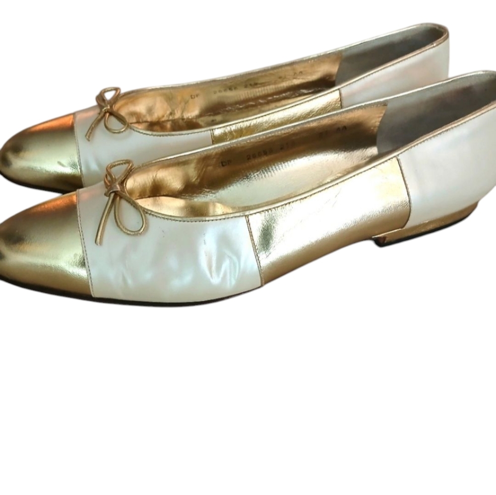 Salvatore Ferragamo Retro Vintage Gold Stripe 50s 60s Bow Ballet Flats-size 8.5
